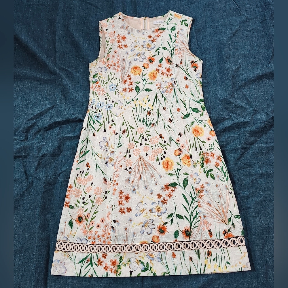 Calvin Klein Embroidered Floral Sleeveless Dress, 100% Cotton, Size 4